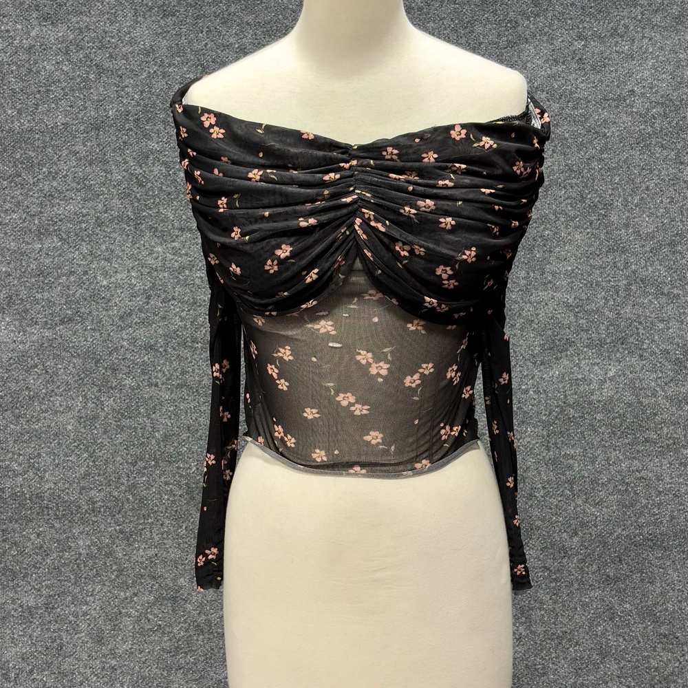 AFRM Blouse Womens XS Black Floral Ruched Sheer Mesh Off Shoulder Cropped Top